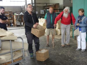 Présentation de la laine de brebis par Jean-Philippe Lignon aux ainés du Club du 3ème age de Fondamente en visite à la Filature Colbert le 4 juillet 2024